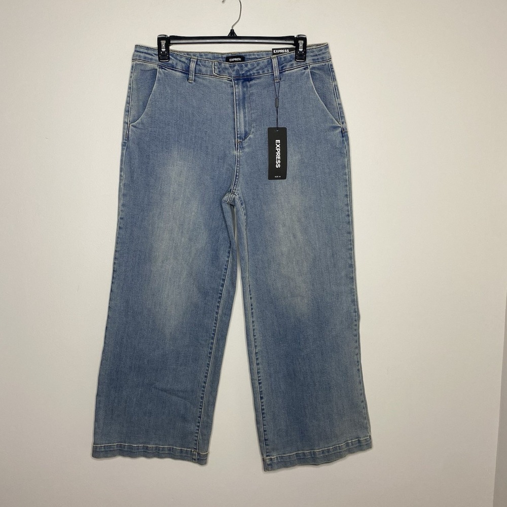 Express Trouser Mid Rise Stretch Wide Leg Jeans Women's Size 14 Medium Wash